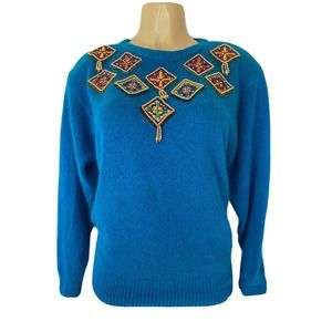 I.B Diffusion Sweater Pullover Long Sleeve Silk Angora Rabbit Blue Bead …